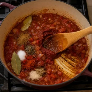 Concentrato di pomodoro, pomodori, brodo, alloro e spezie mescolati nella base dello stufato.