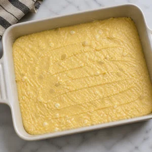 Cheese cornmeal batter spread evenly in the baking dish