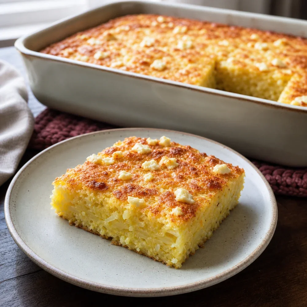 Golden Sopa Paraguaya square served beside the baked casserole