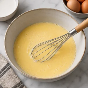Milk and eggs whisked smooth in a bowl
