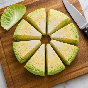 Eight thick cabbage wedges cut through the core on a cutting board