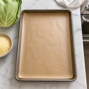 Parchment-lined baking sheet ready for cabbage wedges
