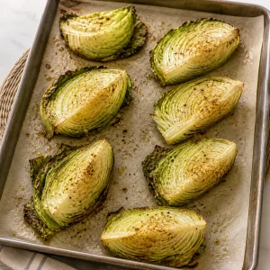 Partially roasted cabbage wedges with browned edges on the sheet pan