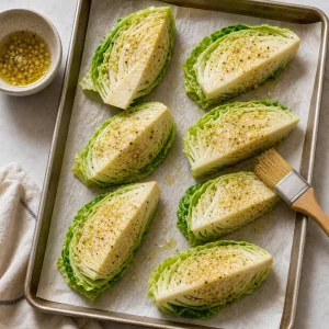 Raw cabbage wedges brushed with garlic oil on a baking sheet