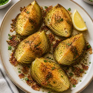 Roasted cabbage wedges finished with parsley, lemon, and crisp cheese bits