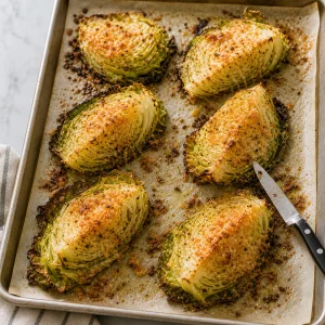 Roasted cabbage wedges with golden Parmesan on the baking sheet