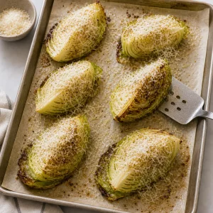 Turned cabbage wedges sprinkled with grated Parmesan on the sheet pan