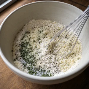 Mąka, parmezan, rozmaryn, sól i pieprz w misce