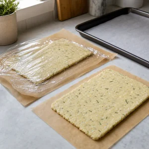 Dwa płaskie prostokąty ciasta z parmezanem i rozmarynem