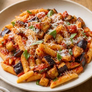 Bowl of Pasta alla Norma with eggplant, basil, and grated ricotta salata