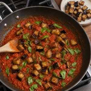 Fried eggplant and basil stirred into tomato sauce