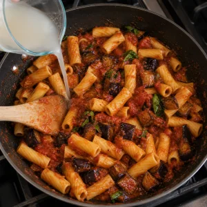 Pasta tossed with tomato eggplant sauce in a pan