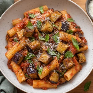 Plated Pasta alla Norma topped with eggplant, ricotta salata, basil, and pepper