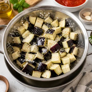 Salted eggplant cubes resting in a colander