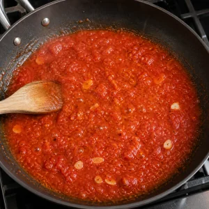 Tomato sauce simmering with garlic and red pepper flakes