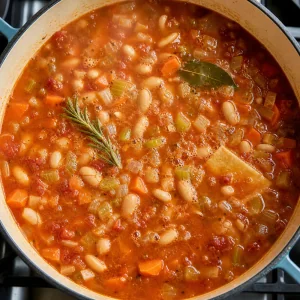 Bean and vegetable soup simmering in tomato broth