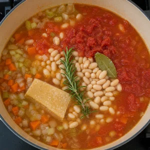 Beans, tomatoes, herbs, and Parmesan rind added to the soup pot