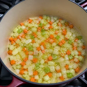 Diced vegetables softening in olive oil in a Dutch oven