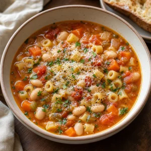 Finished bowl of pasta e fagioli with Parmesan and parsley