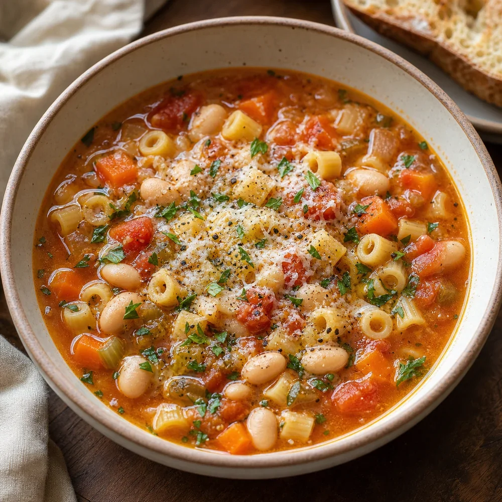 Finished bowl of pasta e fagioli with Parmesan and parsley