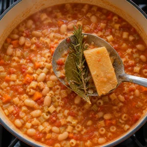 Herbs and Parmesan rind removed from the finished soup