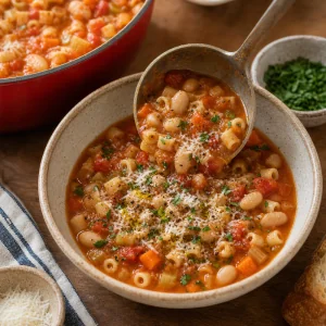 Pasta e fagioli ladled into a bowl with Parmesan and parsley