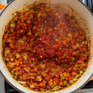 Tomato paste and garlic cooking with softened vegetables