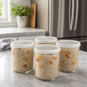 Vier verschlossene Gläser mit Pfirsich-Overnight-Oats