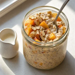 Umgerührte Overnight Oats mit Pfirsichen und gerösteten Mandeln
