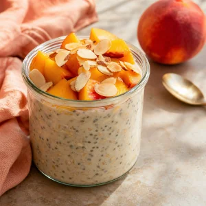Aveia de véspera com pêssego e amêndoas tostadas