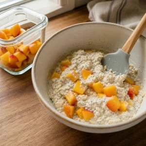 Pfirsichwürfel werden unter die Hafer-Chia-Mischung gehoben