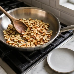 Mandelblättchen werden in einer trockenen Pfanne goldbraun