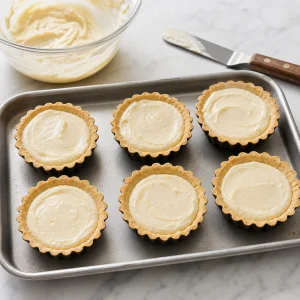 Almond cream smoothed into six tartlet shells