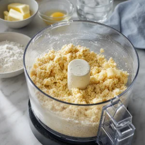 Coarse butter pastry crumbs in a food processor