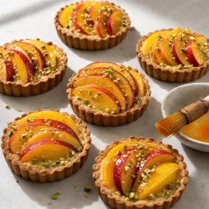 Fruit-topped tartlets brushed with glaze and sprinkled with pistachios