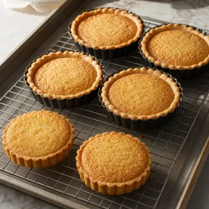 Golden almond tartlets cooling on a wire rack