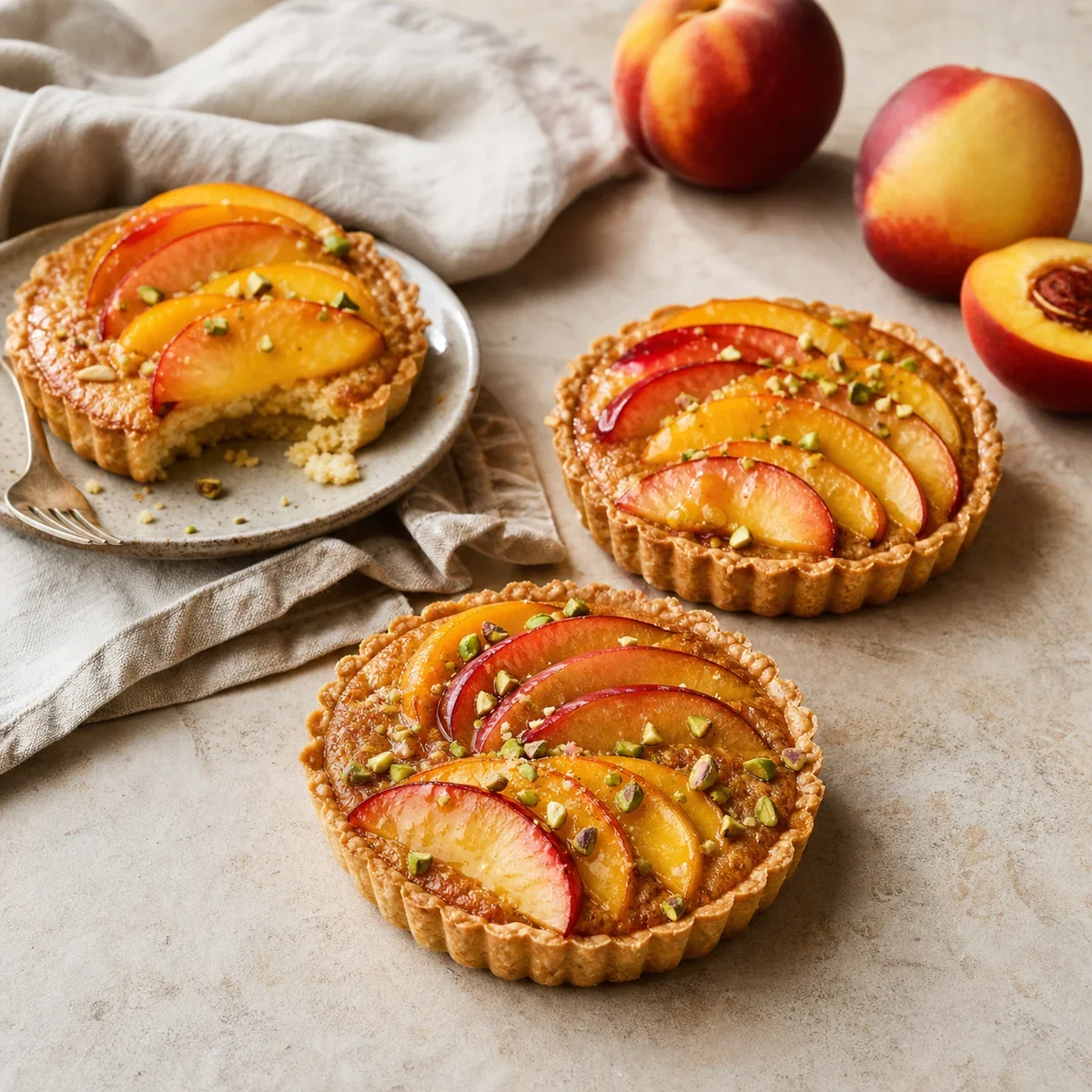 Peach and nectarine almond tartlets with pistachios
