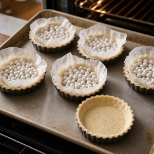 Tartlet shells lined with parchment and pie weights
