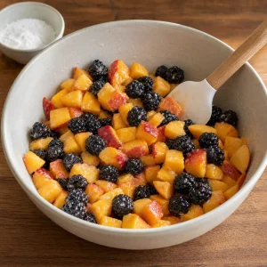 Diced peaches and whole blackberries mixed in a bowl