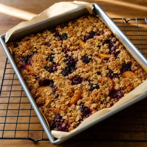Golden peach-blackberry crumble slab cooling in the pan