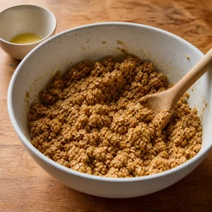 Moist oat crumble mixture forming clumps in a bowl