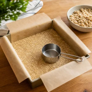 Oat crust pressed flat in the pan beside reserved crumble
