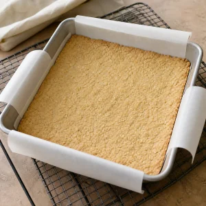 Pale-golden oat crust cooling in the lined pan
