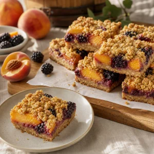 Peach and blackberry oat crumble bars with golden topping