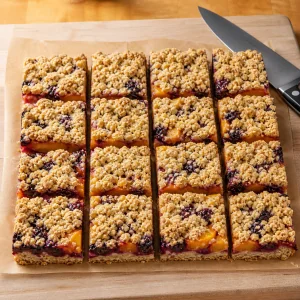 Peach-blackberry crumble cut into 16 bars on parchment