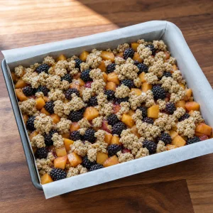 Peach-blackberry filling covered with raw oat crumble