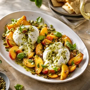 Cząstki brzoskwini i otwarta burrata z oliwą pistacjowo-bazyliową