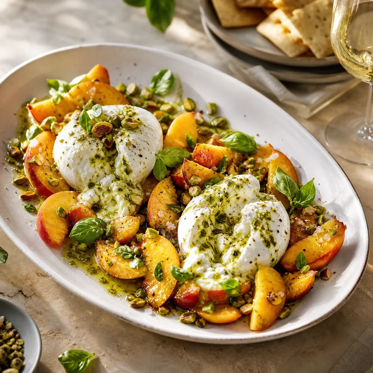 Cząstki brzoskwini i otwarta burrata z oliwą pistacjowo-bazyliową