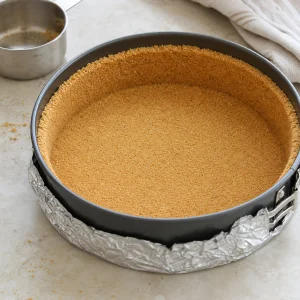 Baked graham cracker crust cooling in the springform pan