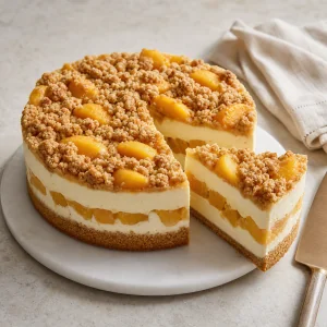 Chilled peach cheesecake unmolded and sliced